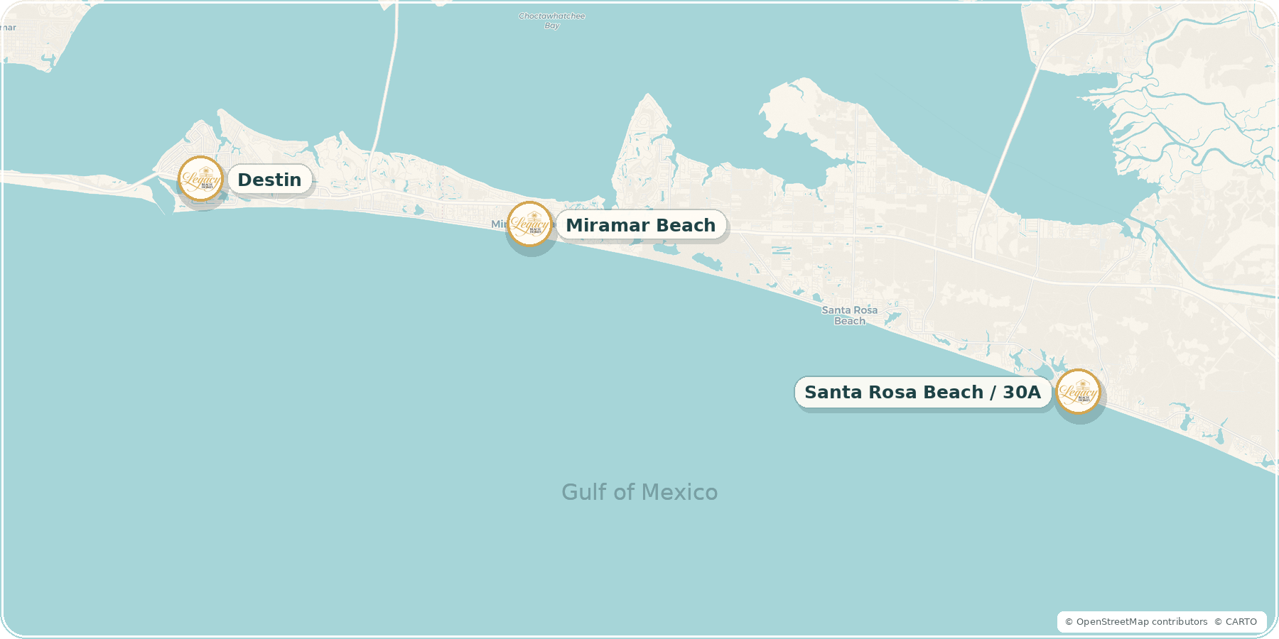 Map highlighting Legacy Beach Homes service areas in Destin, Miramar Beach, and Santa Rosa Beach / 30A, Florida