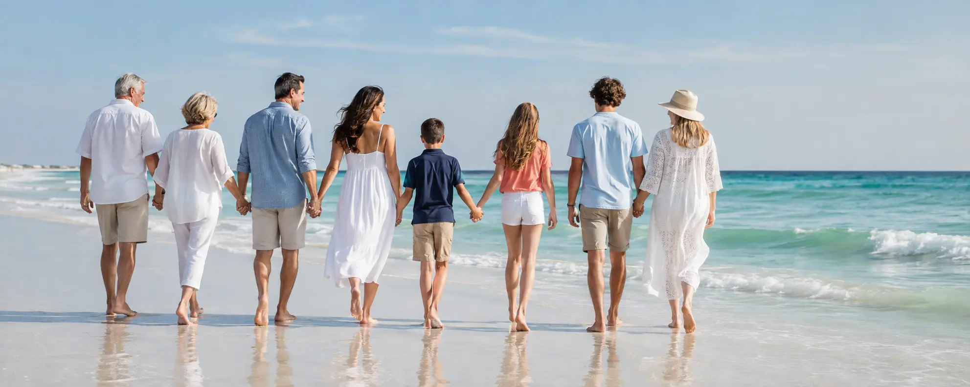 A large family group walking together along the Emerald Coast shoreline