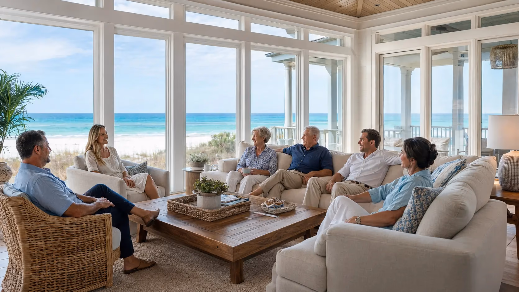 Family and friends spending time together in a spacious Gulf-view living room