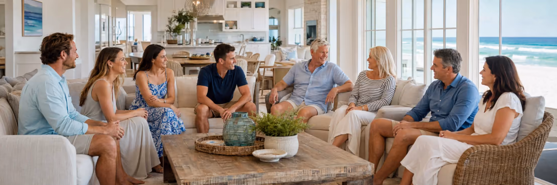 A large group gathering in a spacious coastal living room